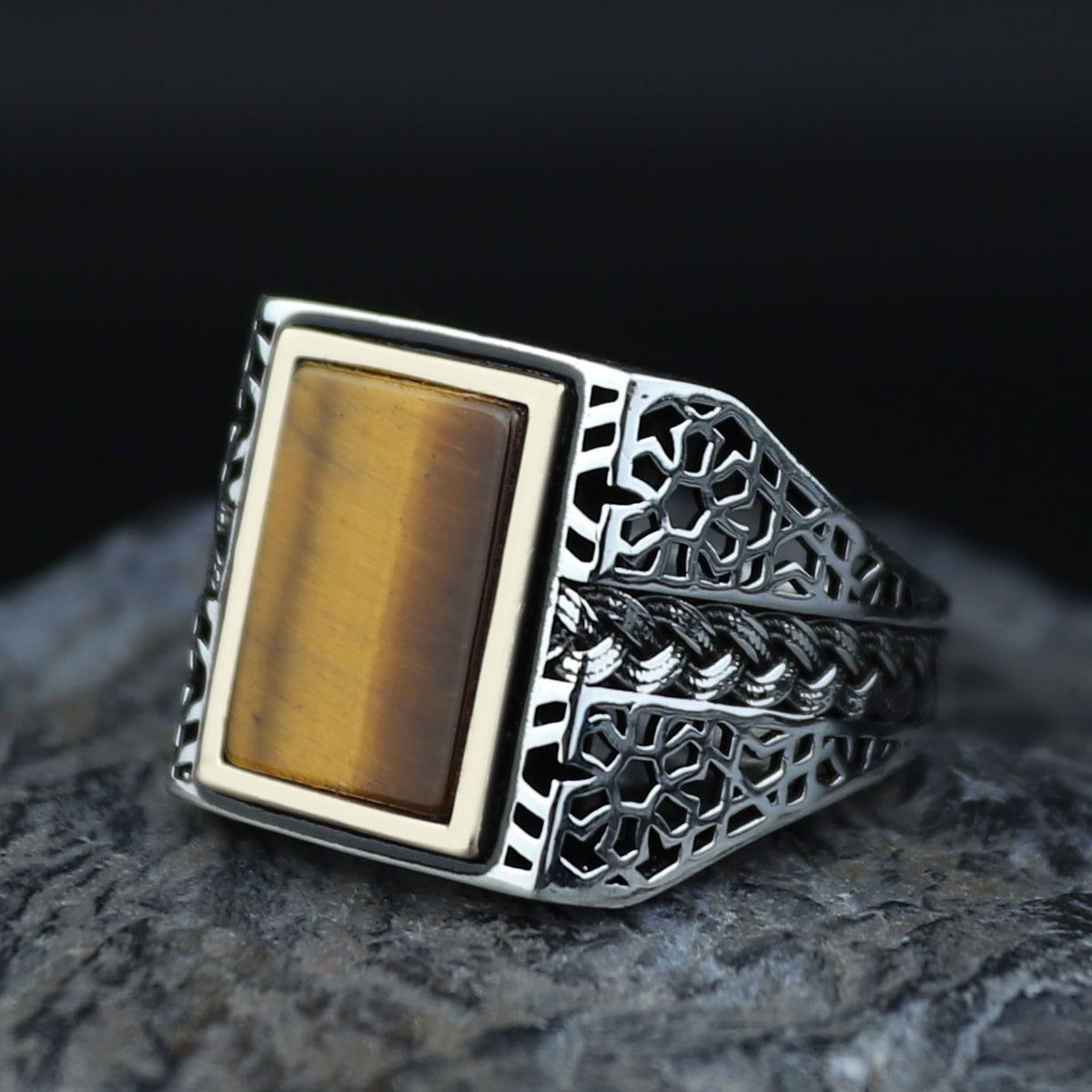 Men Square Tiger Eye Ring , Turkish Handmade Ring, Ottoman Mens Ring, Turkish Signet Gemstone Ring, 925k Sterling Silver Ring, Gift For Him