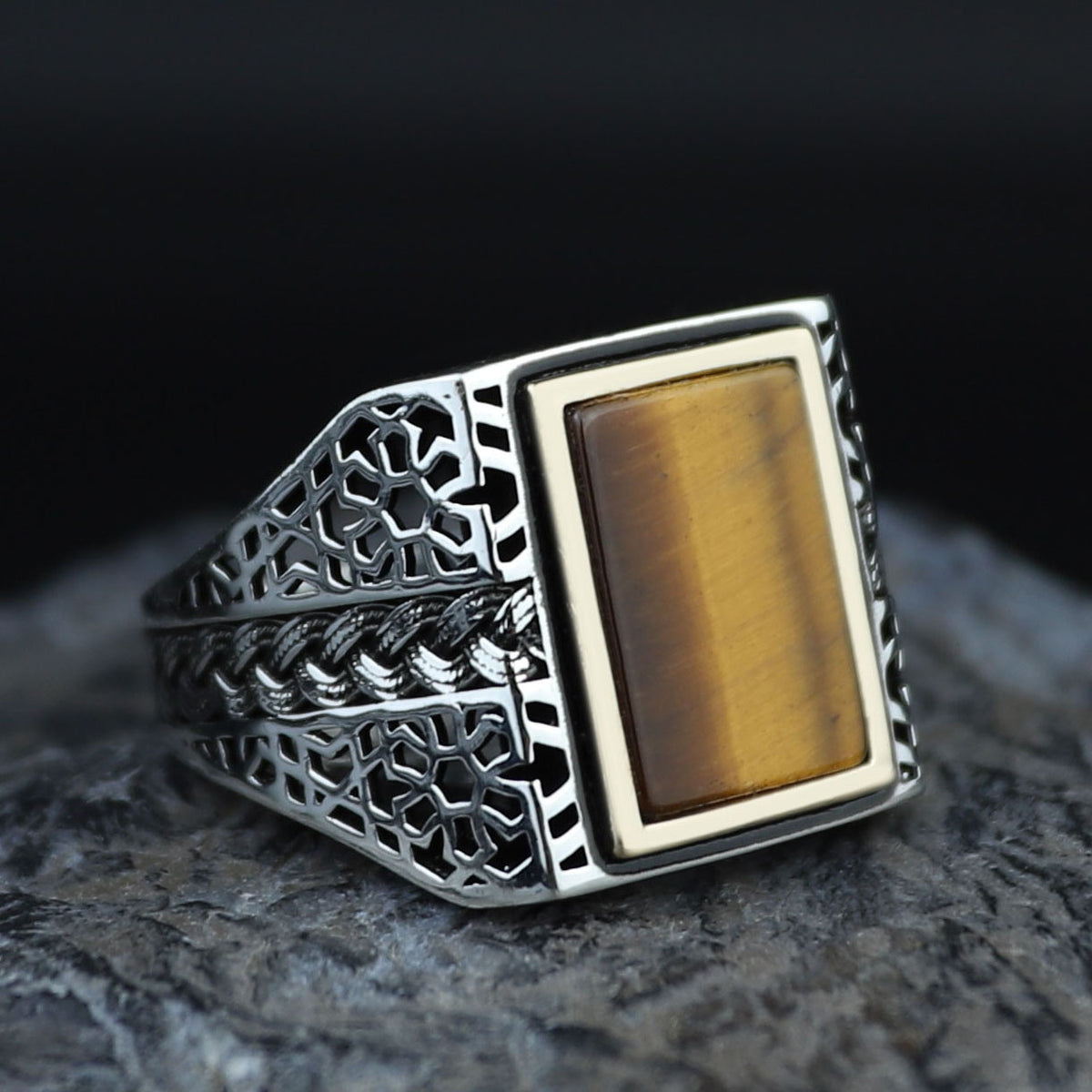 Men Square Tiger Eye Ring , Turkish Handmade Ring, Ottoman Mens Ring, Turkish Signet Gemstone Ring, 925k Sterling Silver Ring, Gift For Him