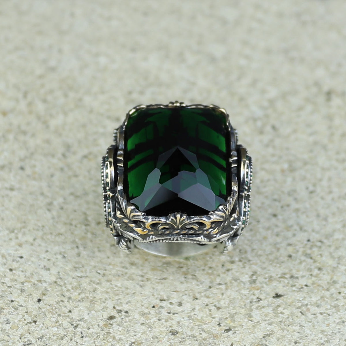 Men Handmade Large Green Emerald Gemstone Silver Ring