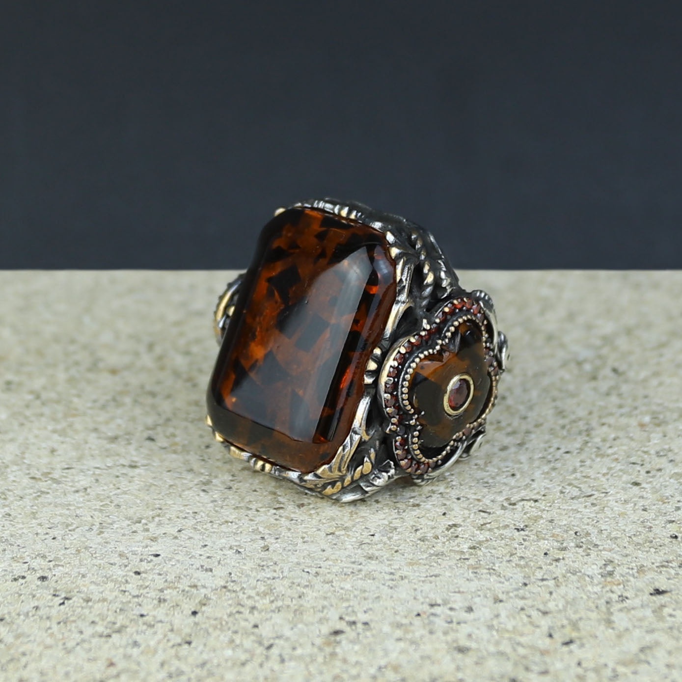 Men Handmade Ottoman Style Large Natural Amber Ring