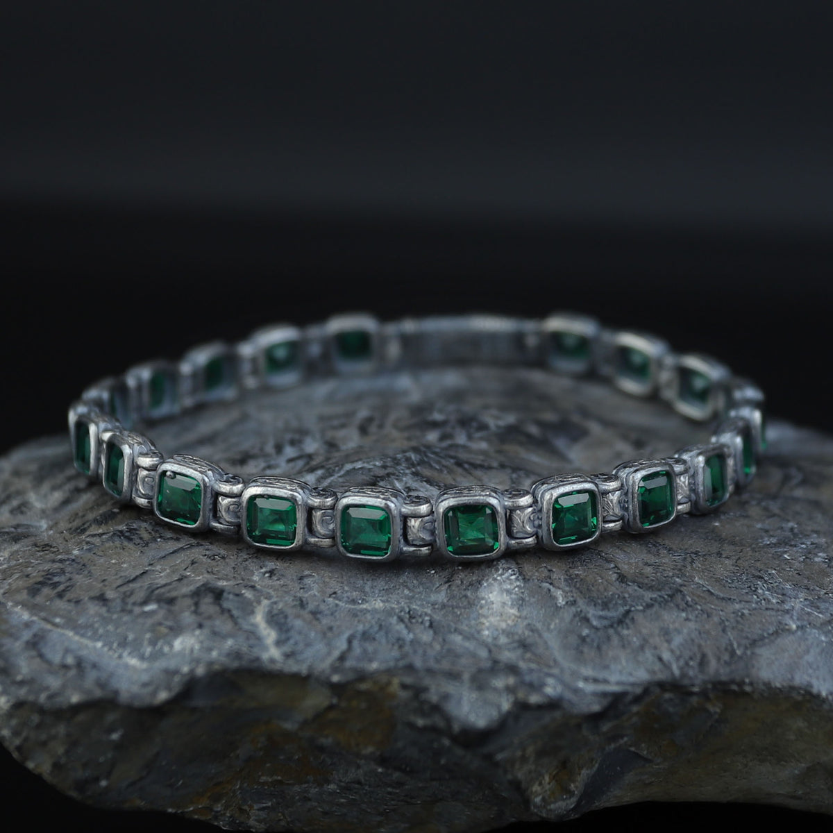 925 Silver Square Emerald Chain Bracelet, Square Cut Green Stone Tennis Bracelet, Men Emerald Diamond Tennis Bracelet, Elegant Bracelet