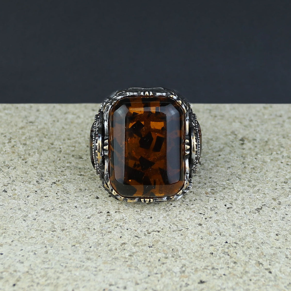 Men Handmade Ottoman Style Large Natural Amber Ring