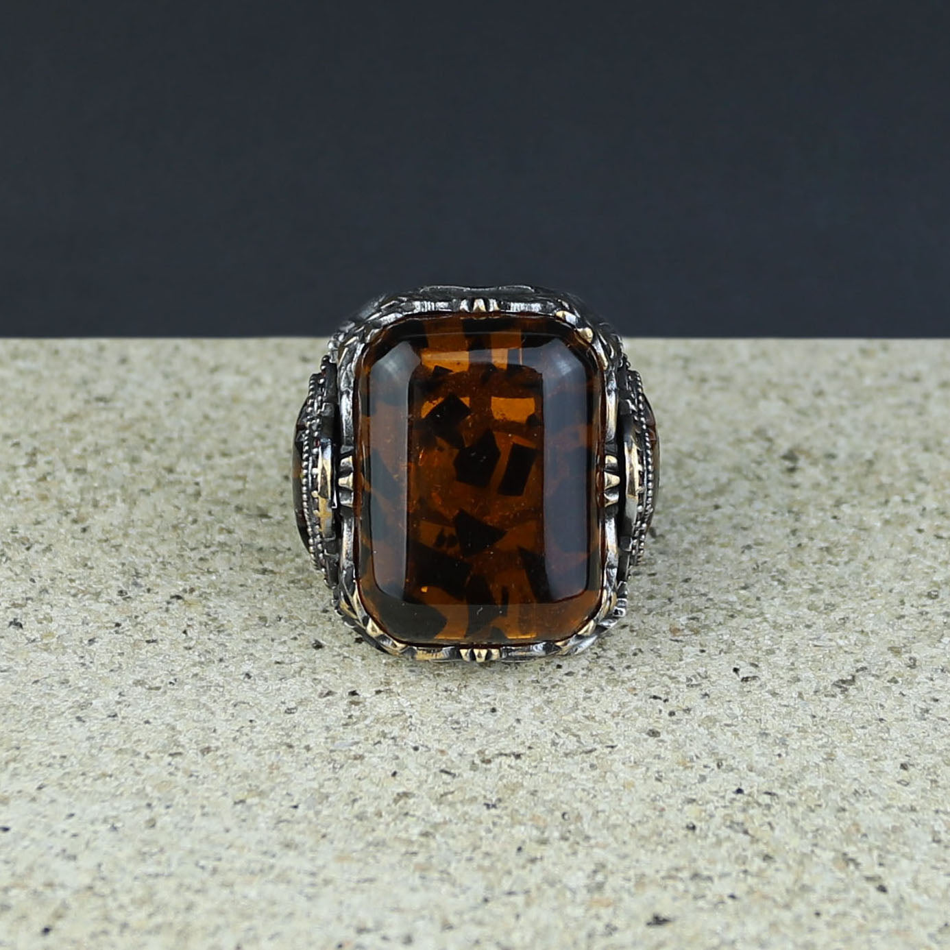 Men Handmade Ottoman Style Large Natural Amber Ring