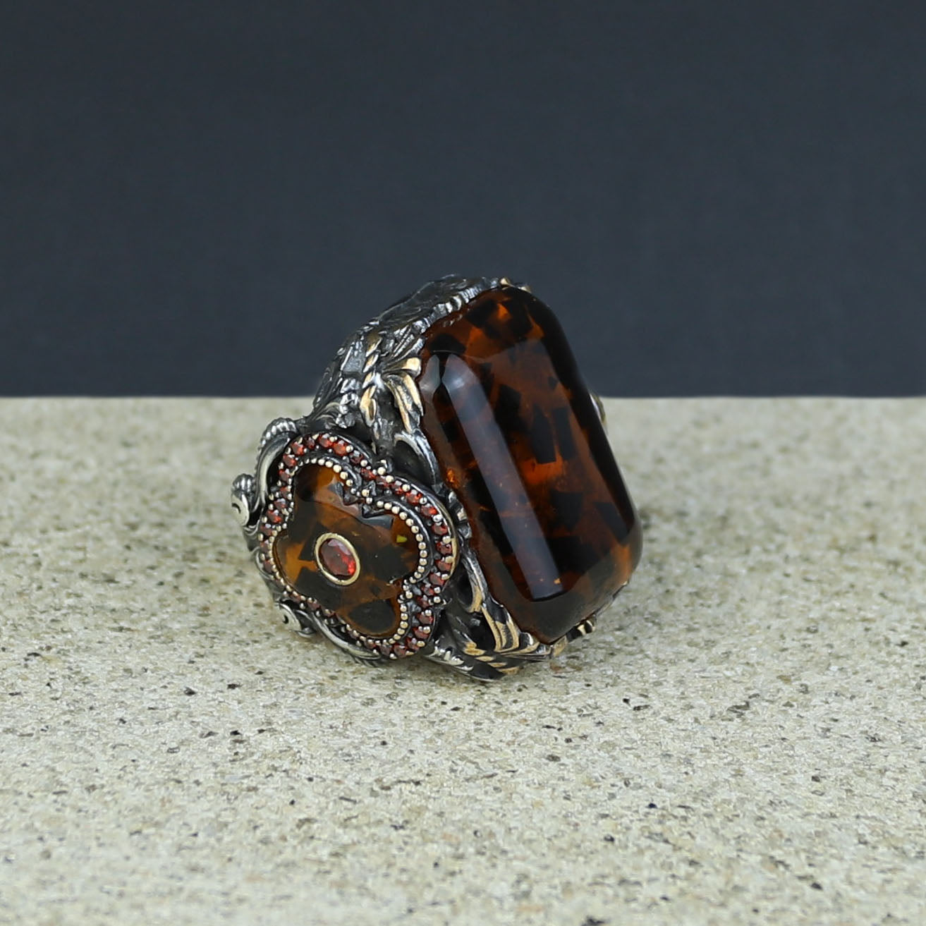 Men Handmade Ottoman Style Large Natural Amber Ring