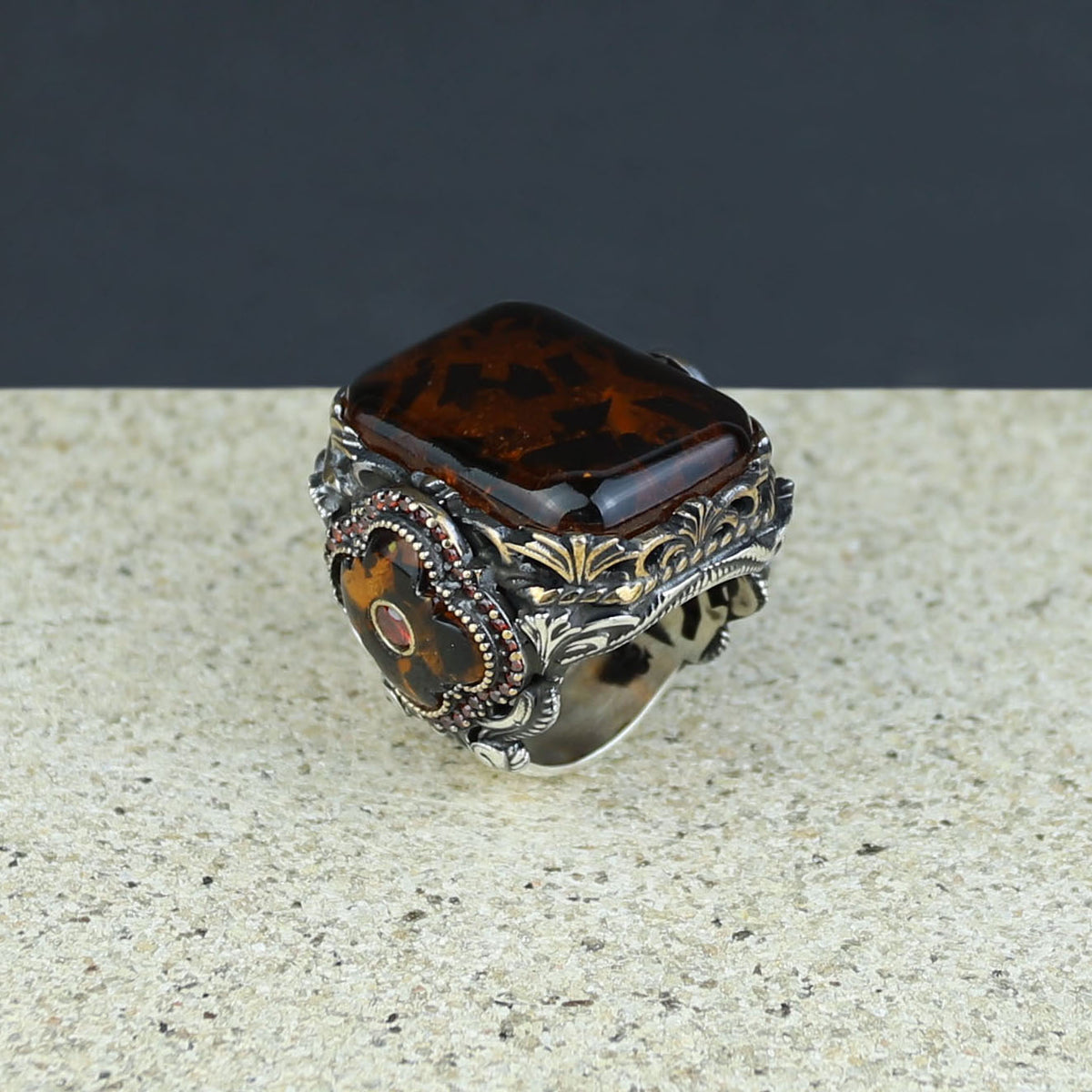 Men Handmade Ottoman Style Large Natural Amber Ring
