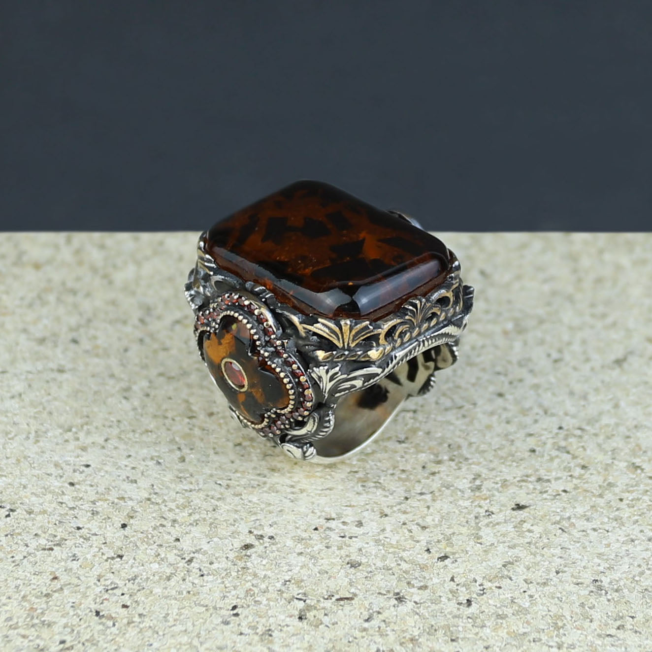 Men Handmade Ottoman Style Large Natural Amber Ring