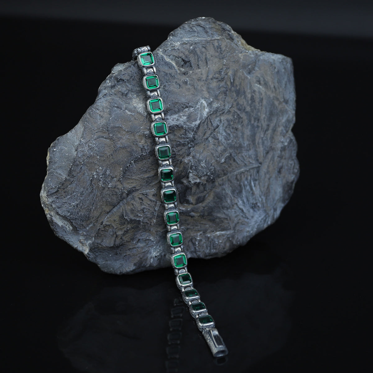 925 Silver Square Emerald Chain Bracelet, Square Cut Green Stone Tennis Bracelet, Men Emerald Diamond Tennis Bracelet, Elegant Bracelet