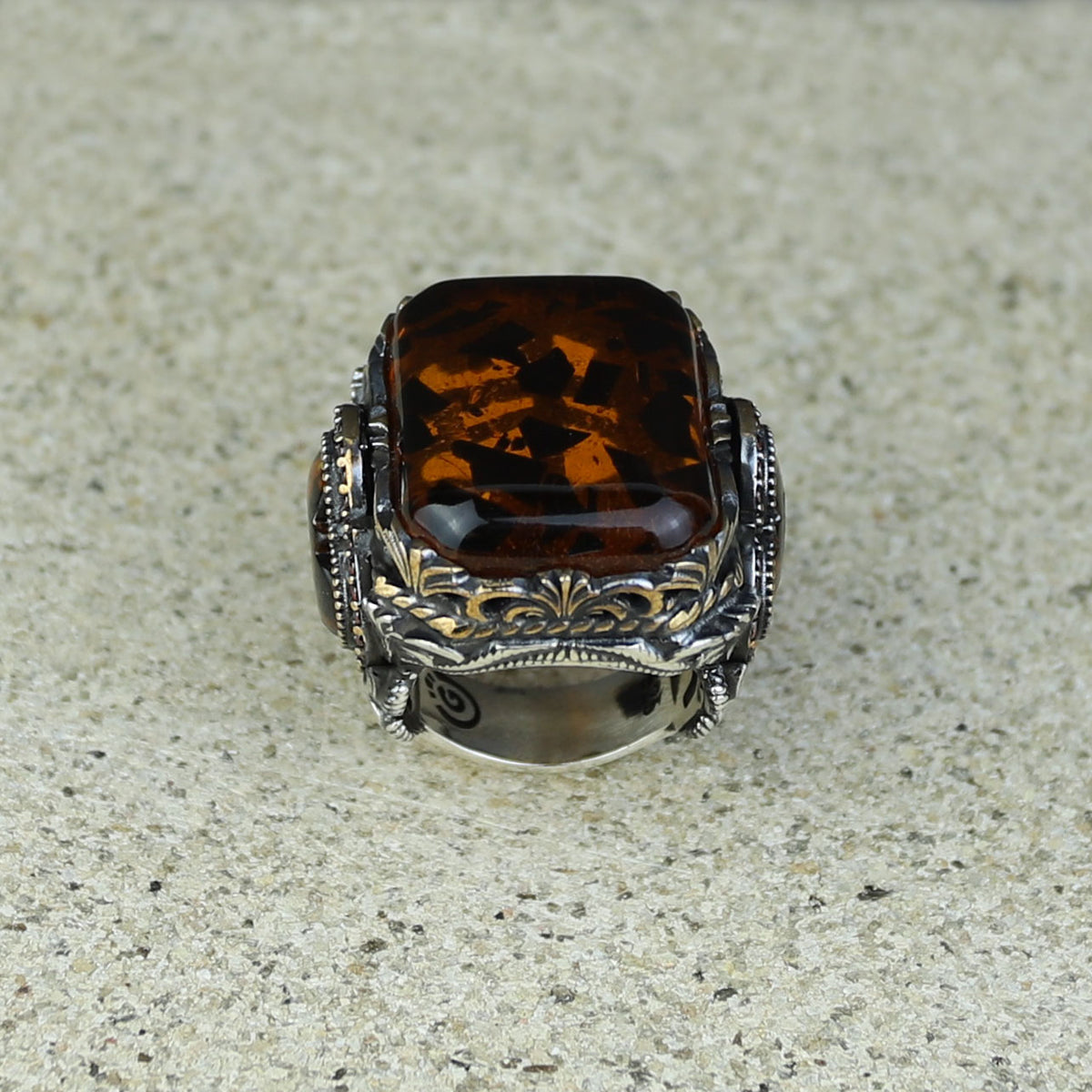 Men Handmade Ottoman Style Large Natural Amber Ring