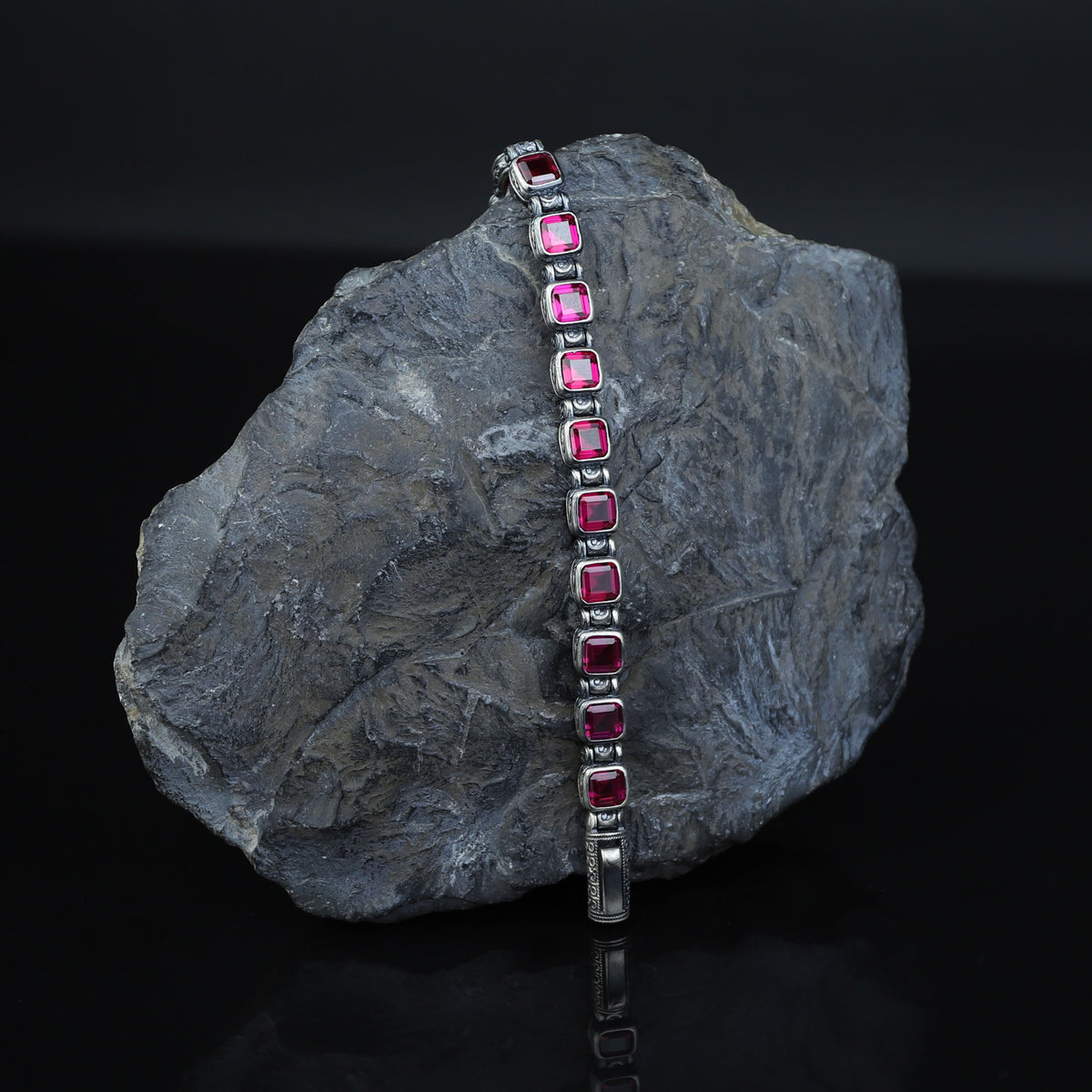 Men Silver Ruby Tennis Bracelet, Engraved Silver Red Stone Chain Bracelet, Mens Link Chain Bracelet, Silver Vintage Bracelet, 925 Silver