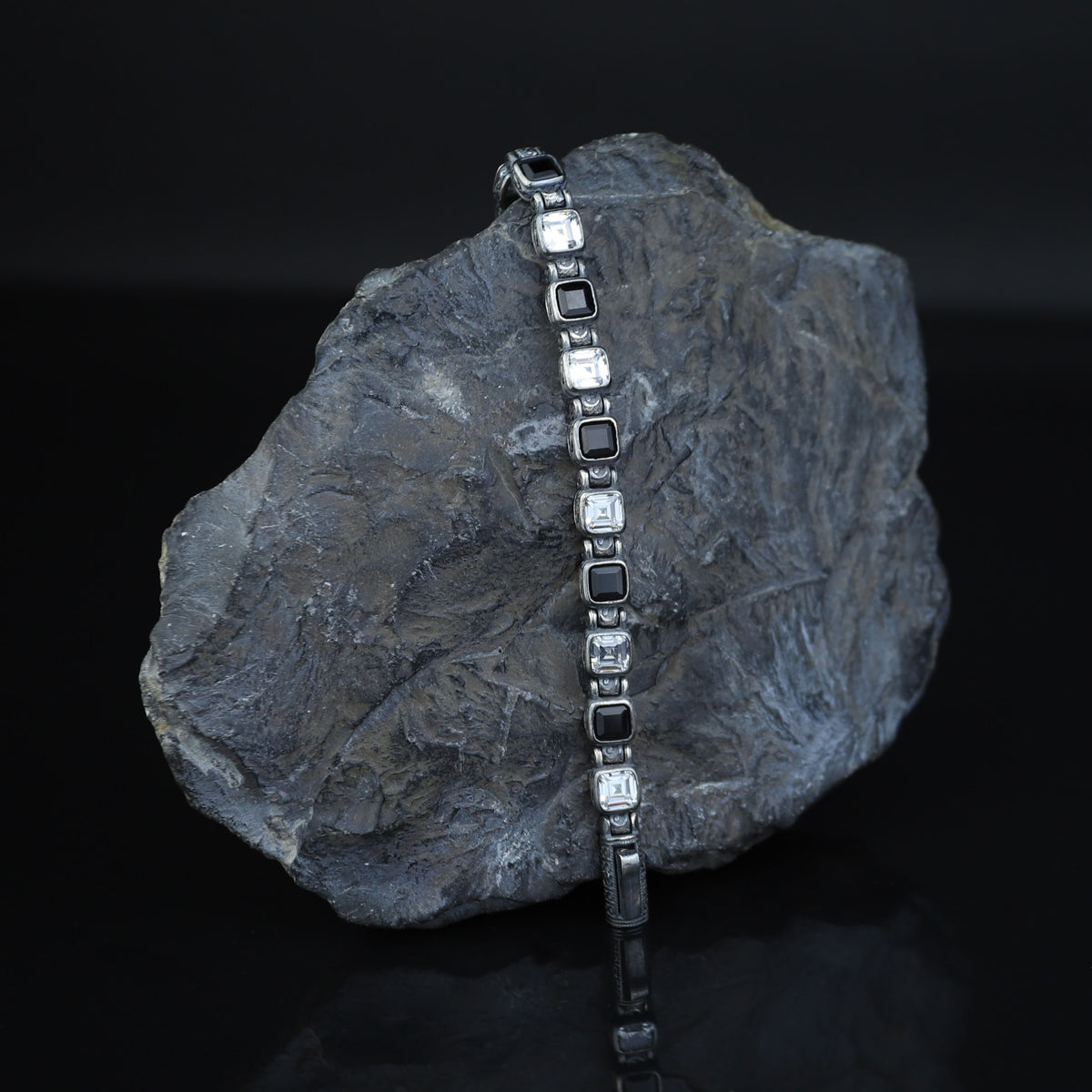 Silver Black Diamond Chain Bracelet, Black Moissanite Vintage Bracelet, Mens Black Diamond Bracelet, Shiny Diamond Bracelet