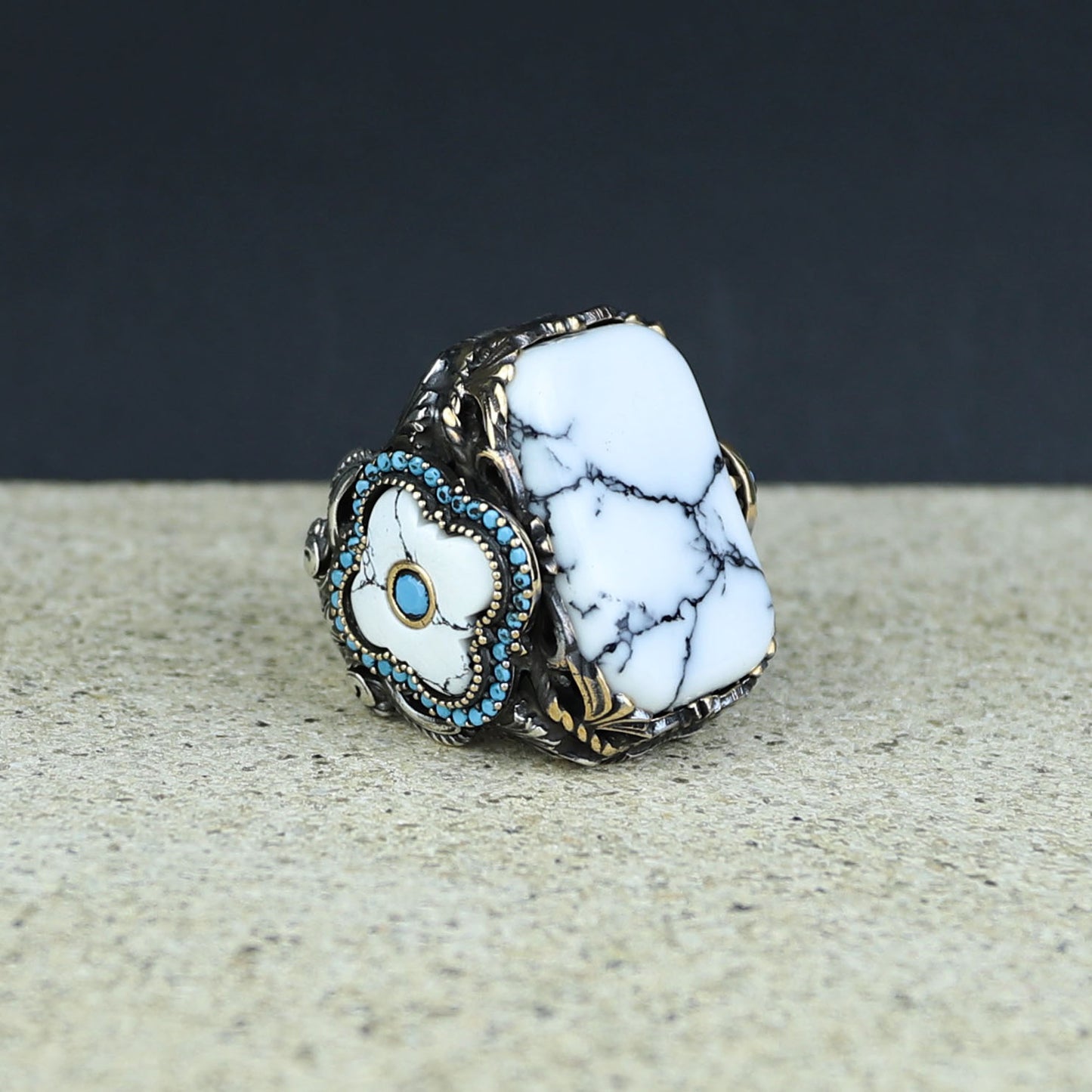 Men Silver Large White Turquoise Turkish Handmade Ring