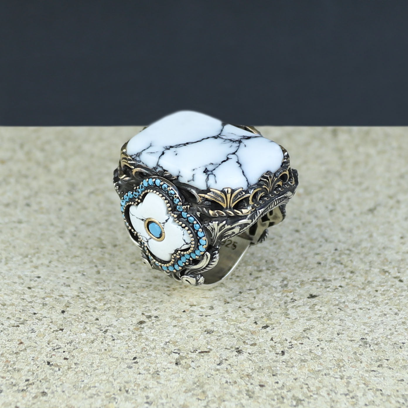Men Silver Large White Turquoise Turkish Handmade Ring
