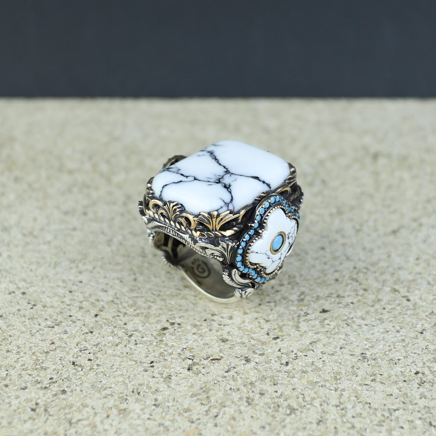 Men Silver Large White Turquoise Turkish Handmade Ring
