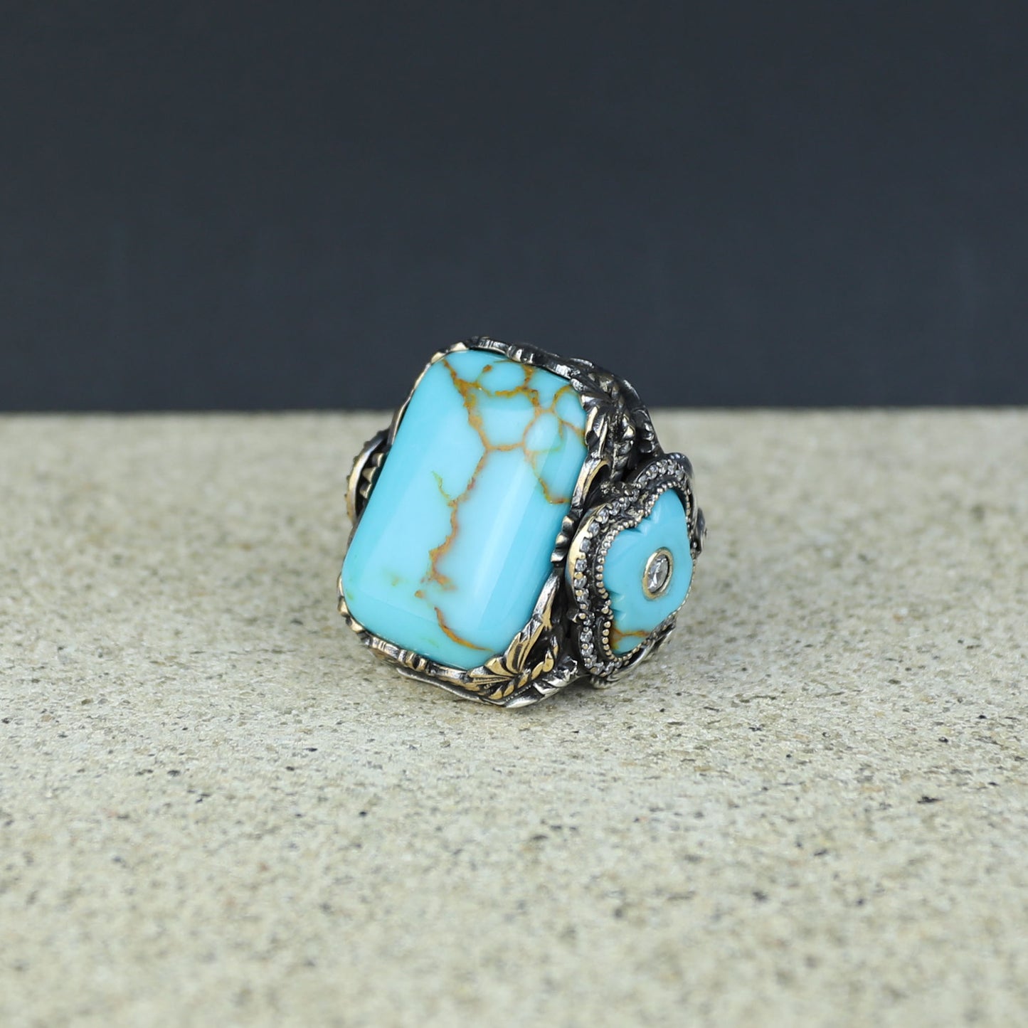 Men Silver Handmade Large Natural Turquoise Engraved Ring