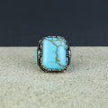 Men Silver Handmade Large Natural Turquoise Engraved Ring