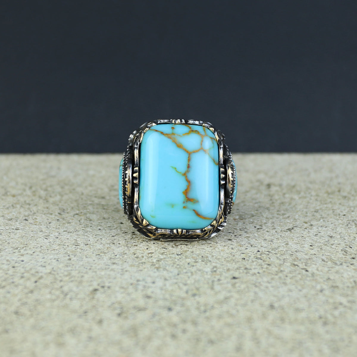 Men Silver Handmade Large Natural Turquoise Engraved Ring