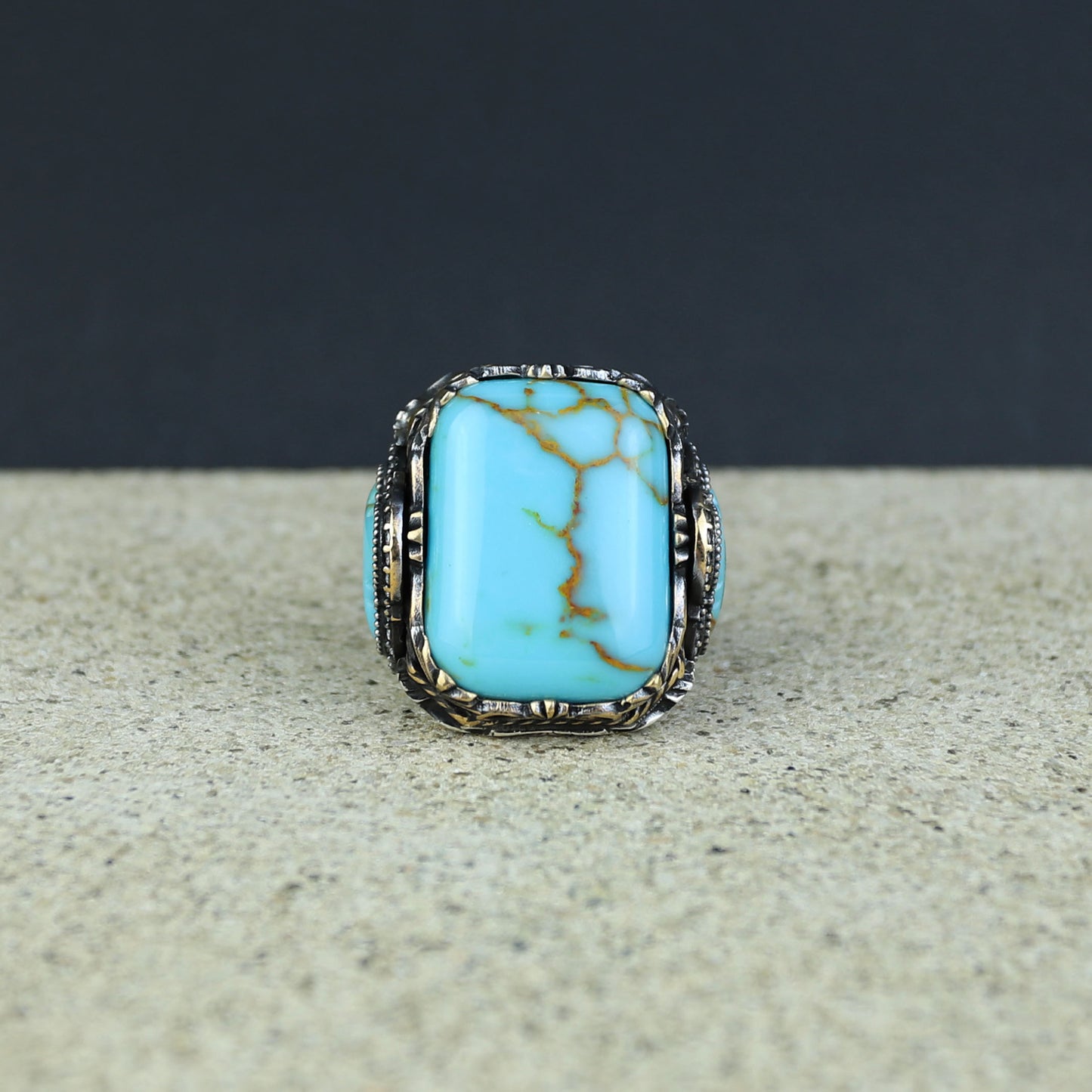Men Silver Handmade Large Natural Turquoise Engraved Ring