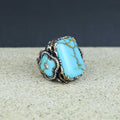 Men Silver Handmade Large Natural Turquoise Engraved Ring