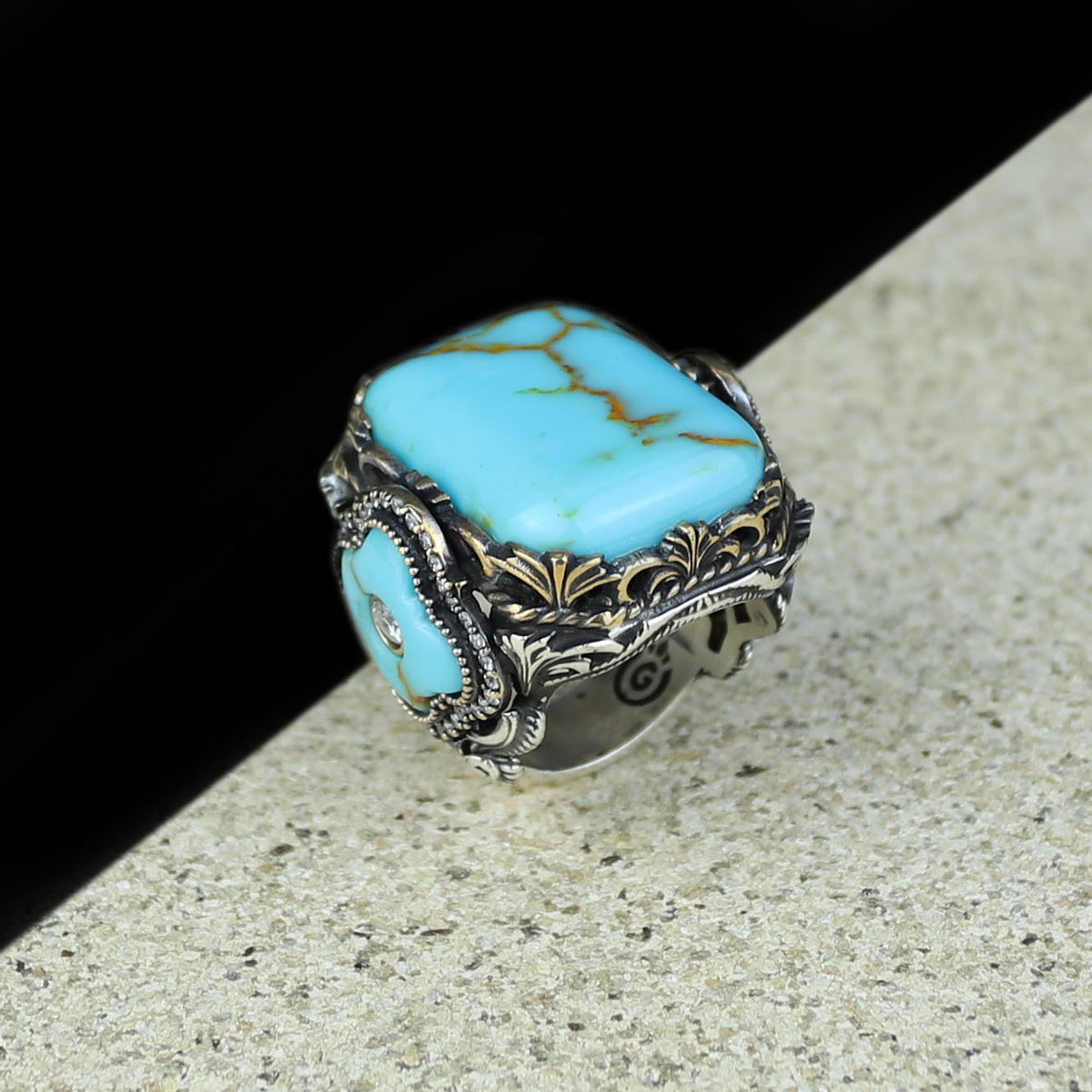 Men Silver Handmade Large Natural Turquoise Engraved Ring