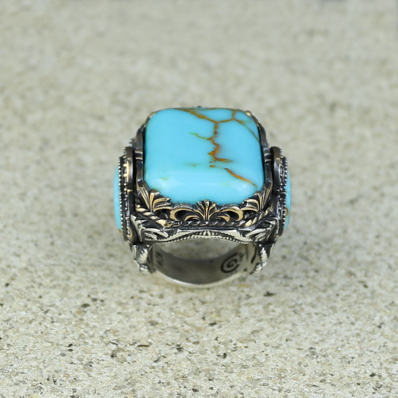 Men Silver Handmade Large Natural Turquoise Engraved Ring