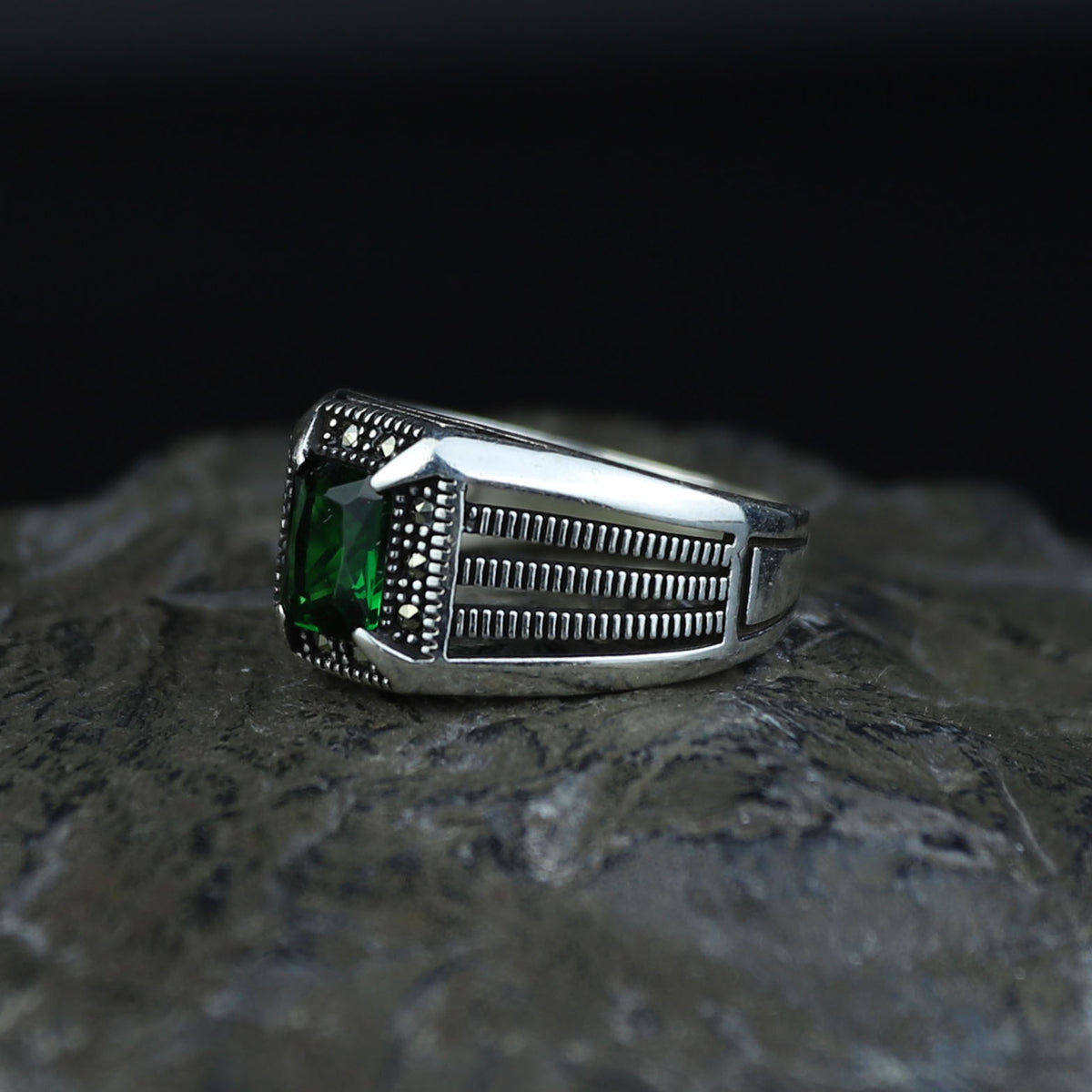 Men Silver Emerald Stone Ring, Minimal Engraved Emerald Turkish Handmade Ring, Ottoman Style Ring