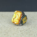 925 Sterling Silver Men Silver Large Gemstone Yellow Agate Ring