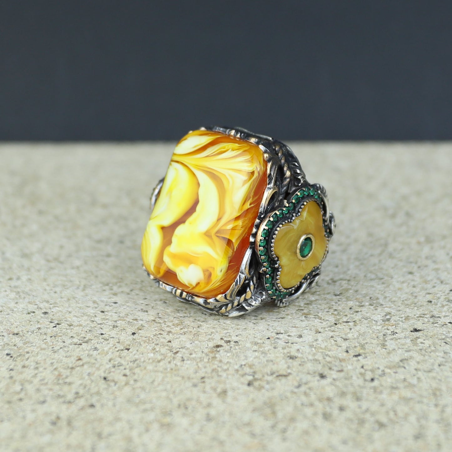 925 Sterling Silver Men Silver Large Gemstone Yellow Agate Ring