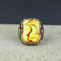 925 Sterling Silver Men Silver Large Gemstone Yellow Agate Ring