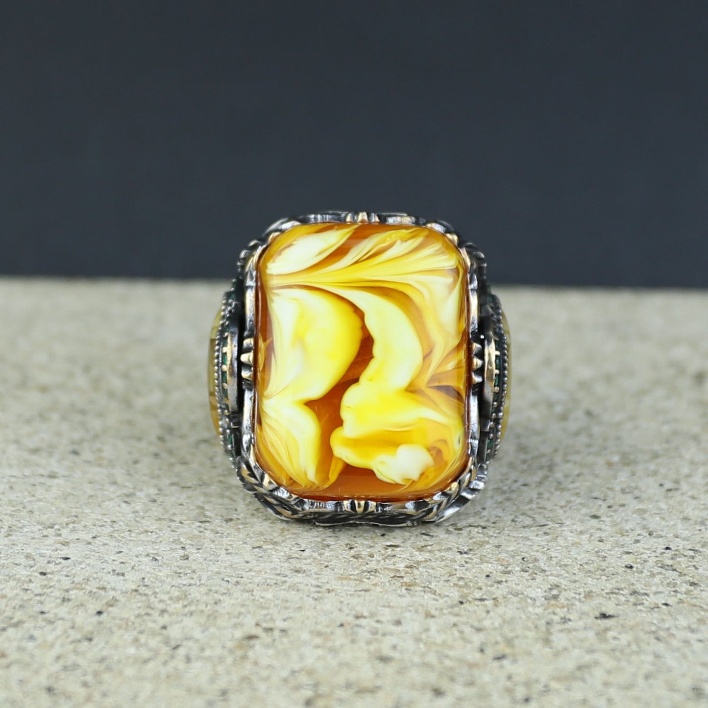 925 Sterling Silver Men Silver Large Gemstone Yellow Agate Ring