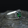 Men Silver Emerald Stone Ring, Minimal Engraved Emerald Turkish Handmade Ring, Ottoman Style Ring
