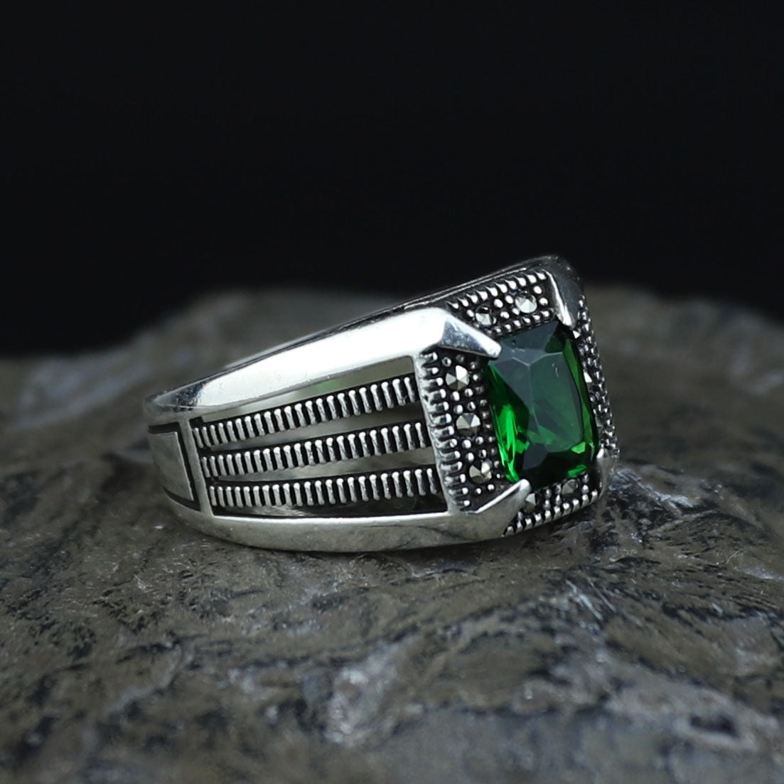 Men Silver Emerald Stone Ring, Minimal Engraved Emerald Turkish Handmade Ring, Ottoman Style Ring
