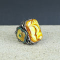 925 Sterling Silver Men Silver Large Gemstone Yellow Agate Ring