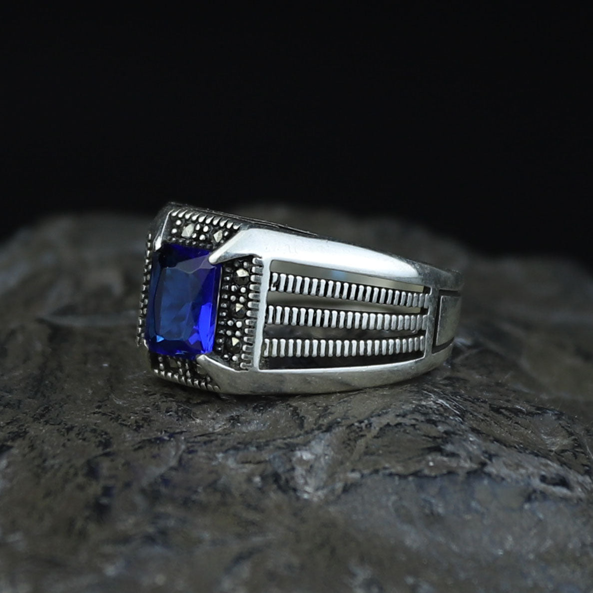 925 Silver Men's Sapphire Stone Ring, Engraved Minimal Blue Square Ring, Turkısh Handmade Ring, Ottoman Style Ring
