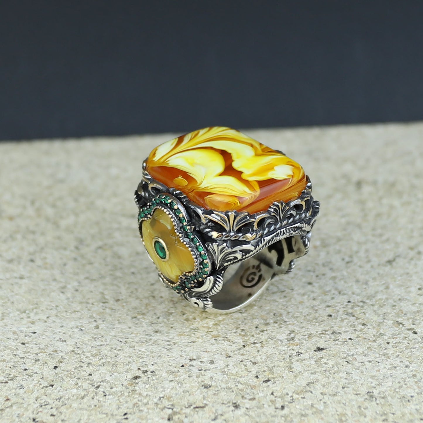 925 Sterling Silver Men Silver Large Gemstone Yellow Agate Ring