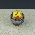 925 Sterling Silver Men Silver Large Gemstone Yellow Agate Ring