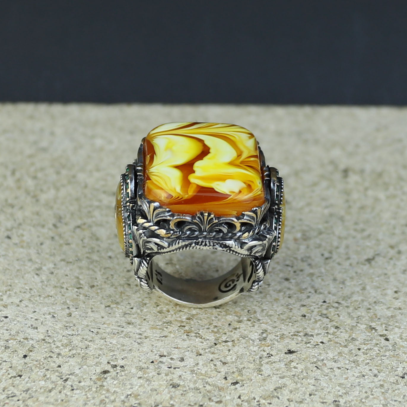 925 Sterling Silver Men Silver Large Gemstone Yellow Agate Ring