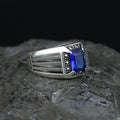 925 Silver Men's Sapphire Stone Ring, Engraved Minimal Blue Square Ring, Turkısh Handmade Ring, Ottoman Style Ring
