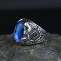 925 Men Silver Aquamarine Ring, Handmade Natural Blue Aquamarine Ring, Turkish Men Engraved Ring, Vintage Mens Ring
