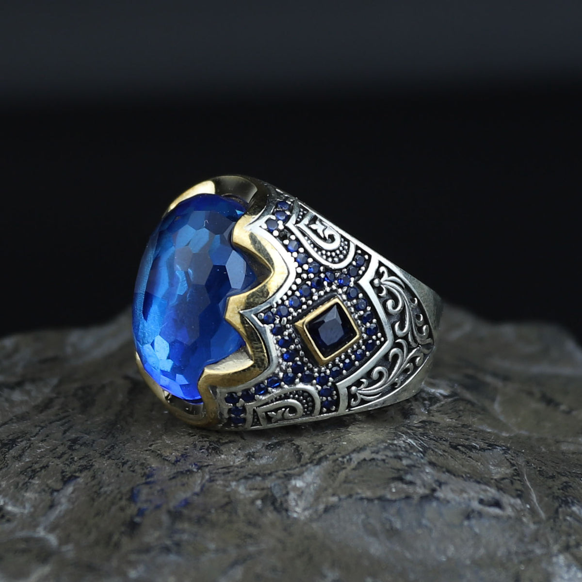925 Men Silver Aquamarine Ring, Handmade Natural Blue Aquamarine Ring, Turkish Men Engraved Ring, Vintage Mens Ring