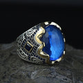 925 Men Silver Aquamarine Ring, Handmade Natural Blue Aquamarine Ring, Turkish Men Engraved Ring, Vintage Mens Ring