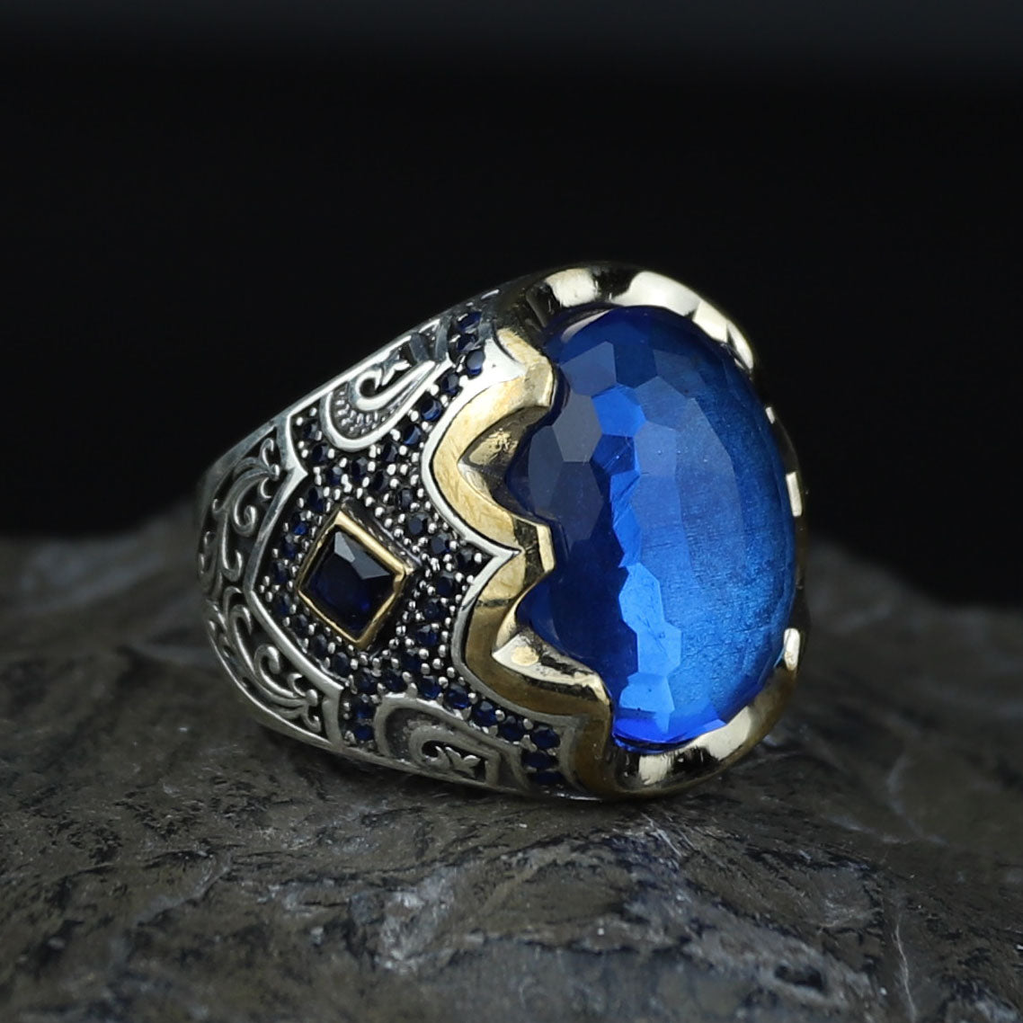 925 Men Silver Aquamarine Ring, Handmade Natural Blue Aquamarine Ring, Turkish Men Engraved Ring, Vintage Mens Ring