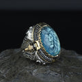 Silver Aquamarine Stone Leon Signet Ring, Wolf Figured Signet Ring, King Leon Signet Ring, Large Silver Ring, Blue Stone Men Ring