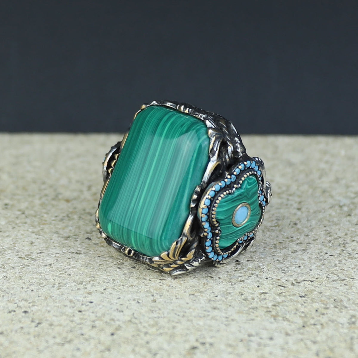 Men Silver Large Natural Malachite Turkish Handmade Ring