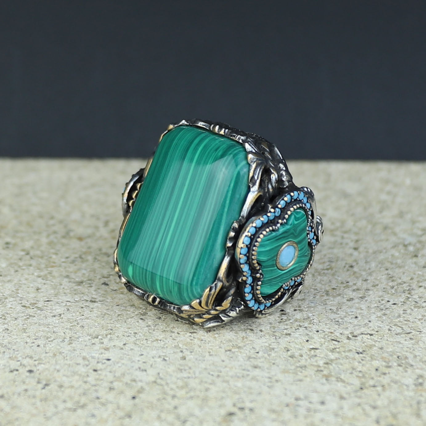 Men Silver Large Natural Malachite Turkish Handmade Ring