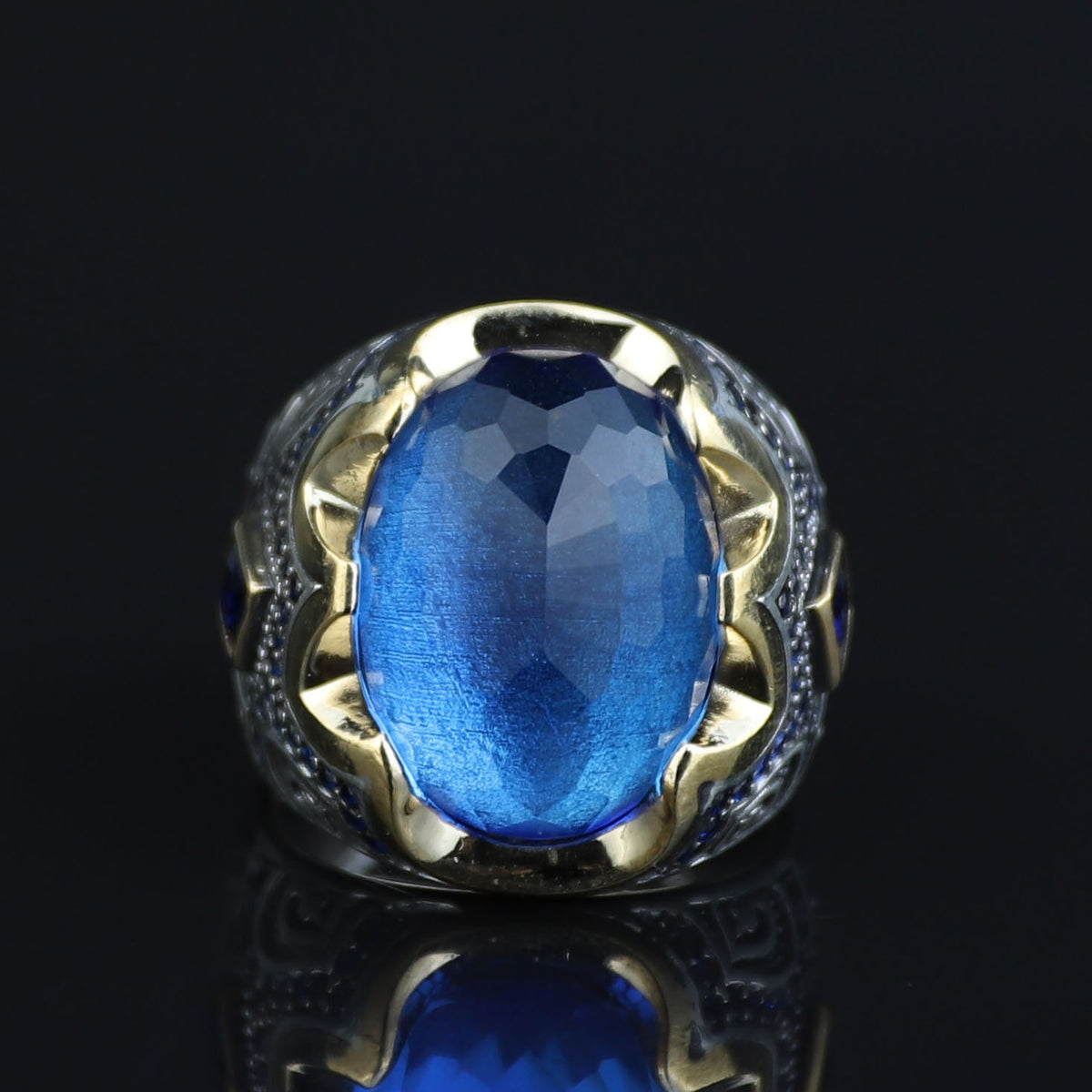 925 Men Silver Aquamarine Ring, Handmade Natural Blue Aquamarine Ring, Turkish Men Engraved Ring, Vintage Mens Ring
