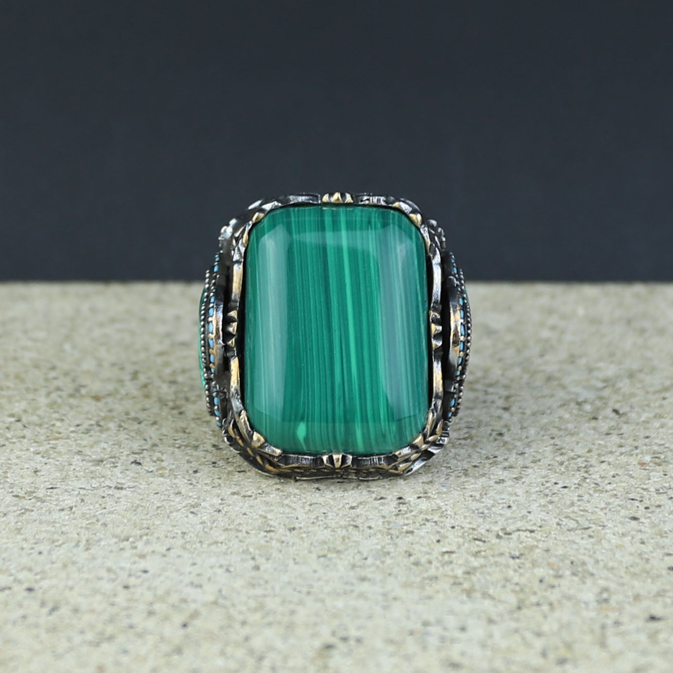 Men Silver Large Natural Malachite Turkish Handmade Ring
