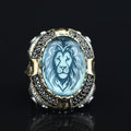 Silver Aquamarine Stone Leon Signet Ring, Wolf Figured Signet Ring, King Leon Signet Ring, Large Silver Ring, Blue Stone Men Ring