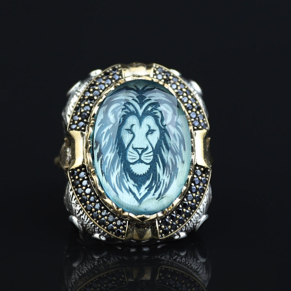 Silver Aquamarine Stone Leon Signet Ring, Wolf Figured Signet Ring, King Leon Signet Ring, Large Silver Ring, Blue Stone Men Ring