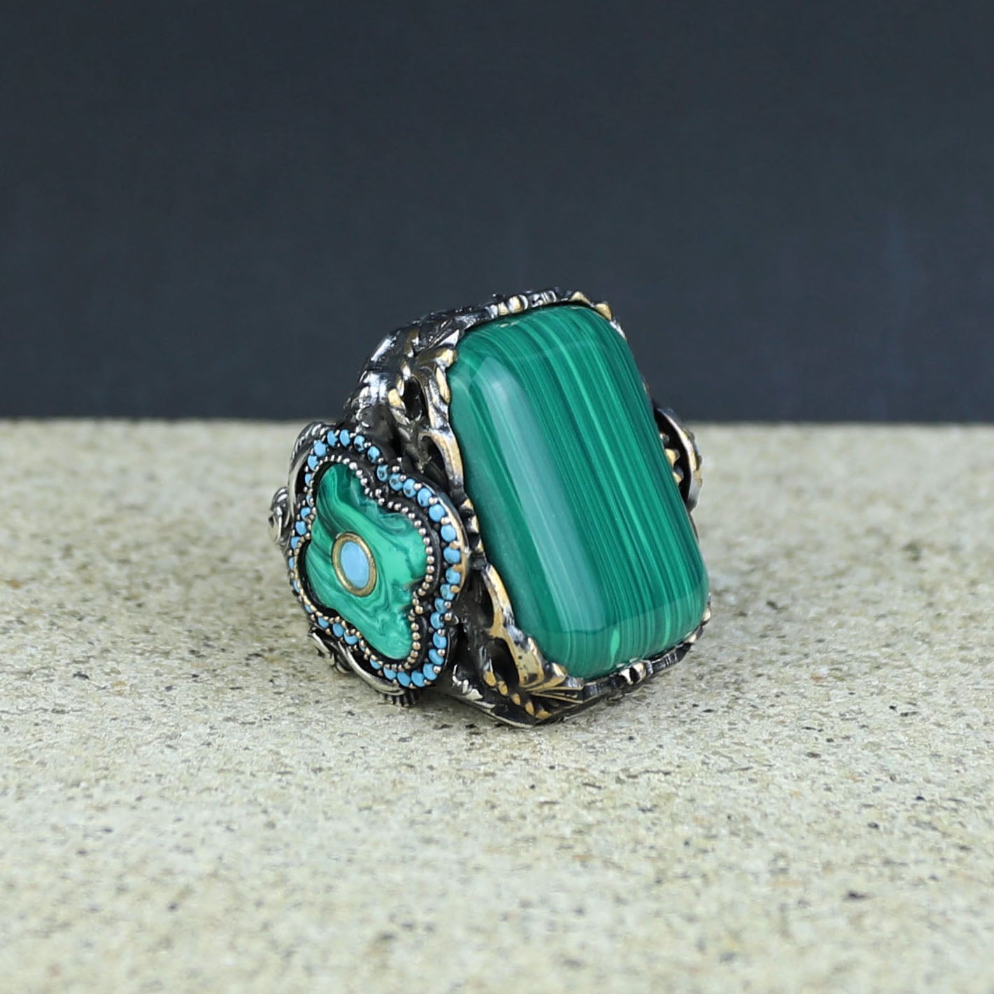 Men Silver Large Natural Malachite Turkish Handmade Ring