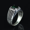 Men Silver Emerald Stone Ring, Minimal Engraved Emerald Turkish Handmade Ring, Ottoman Style Ring